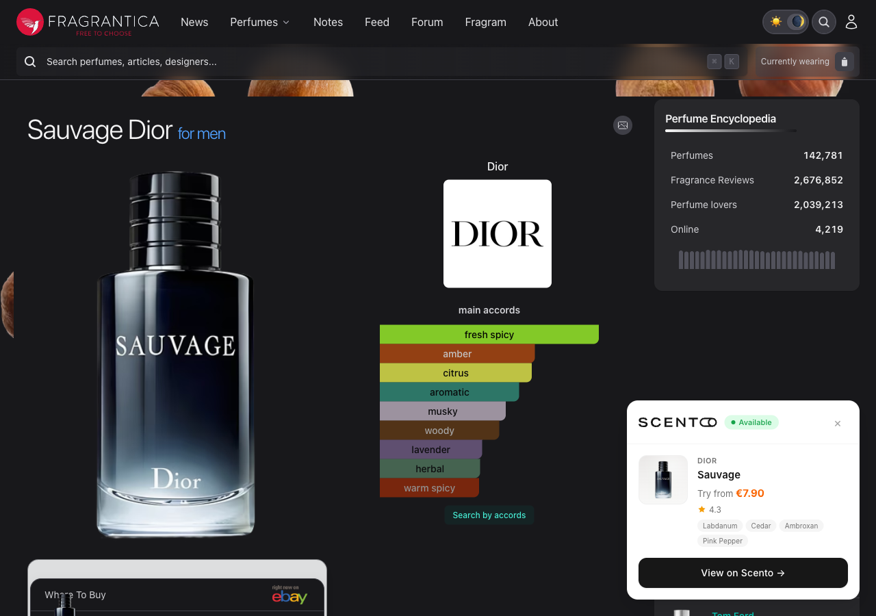 Scento – Perfume Price Comparison & Samples product screenshot, Sample prices and notes beside the perfume you read about