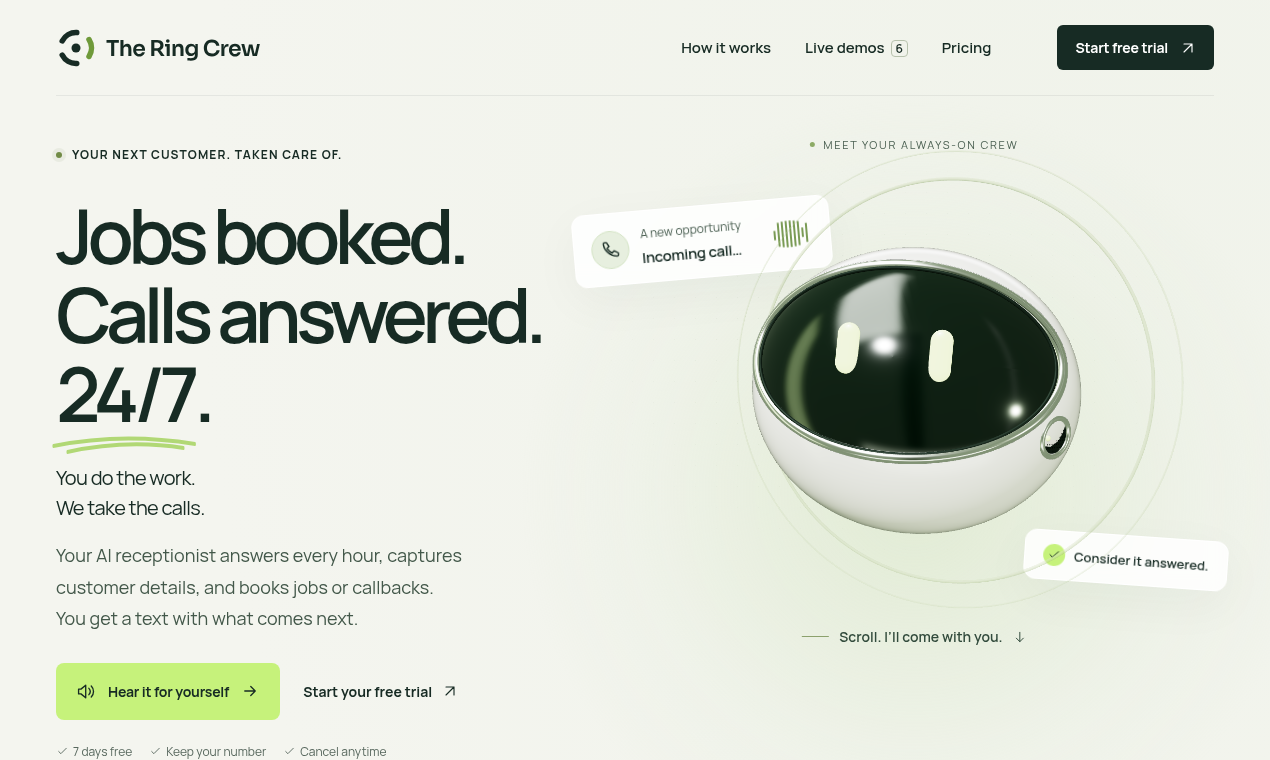 The Ring Crew screenshot 1 of 4, AI receptionist that answers your calls 24/7