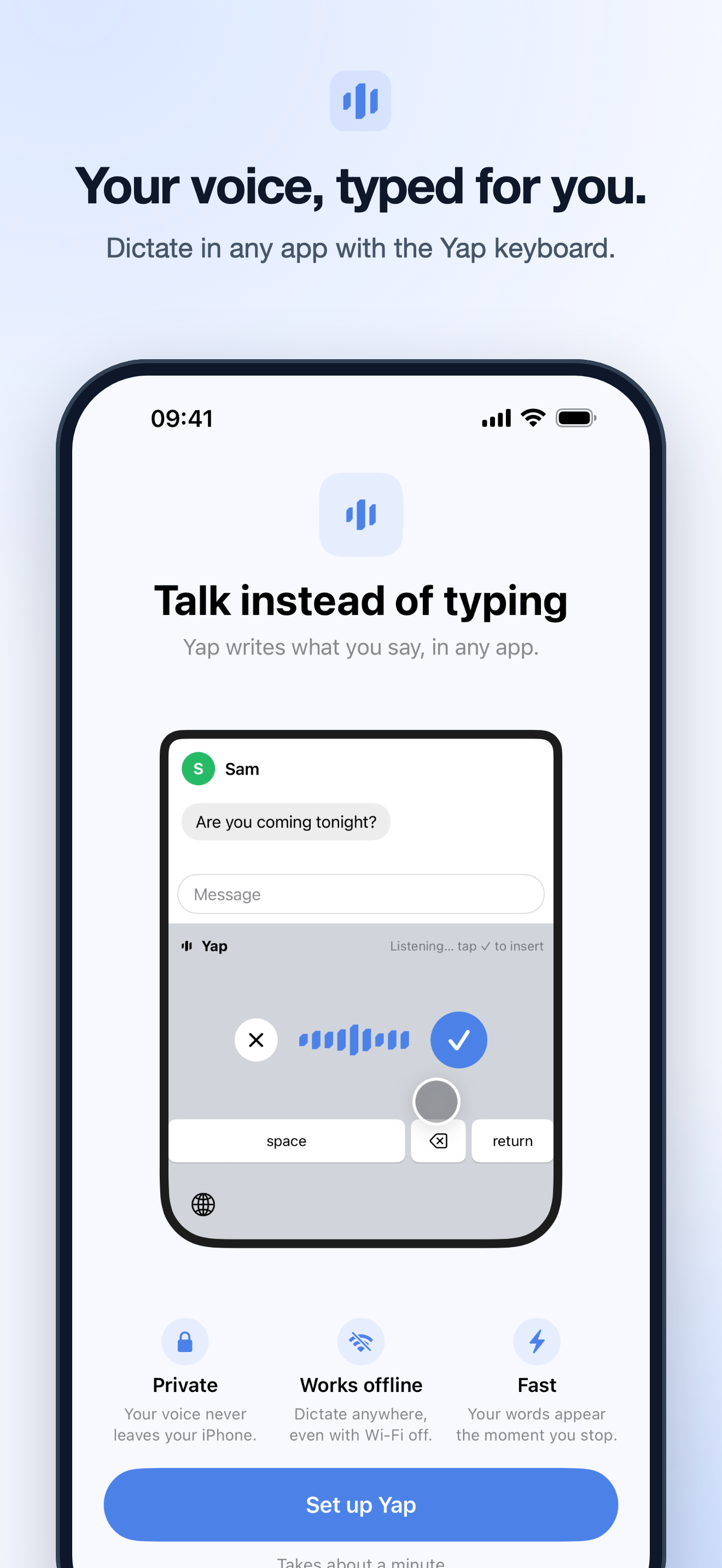 Yap for iPhone screenshot 1 of 2, Private voice keyboard for iPhone, public beta