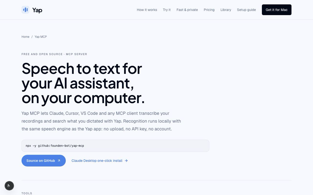 Yap MCP product screenshot, Private speech to text for Claude Code and any MCP client